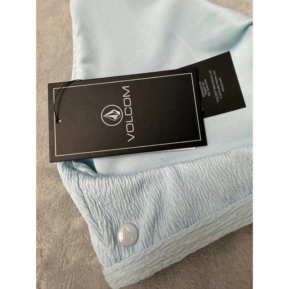 NWT Volcom Bikini Top Women Blue Pucker Up X Back Halter L $50